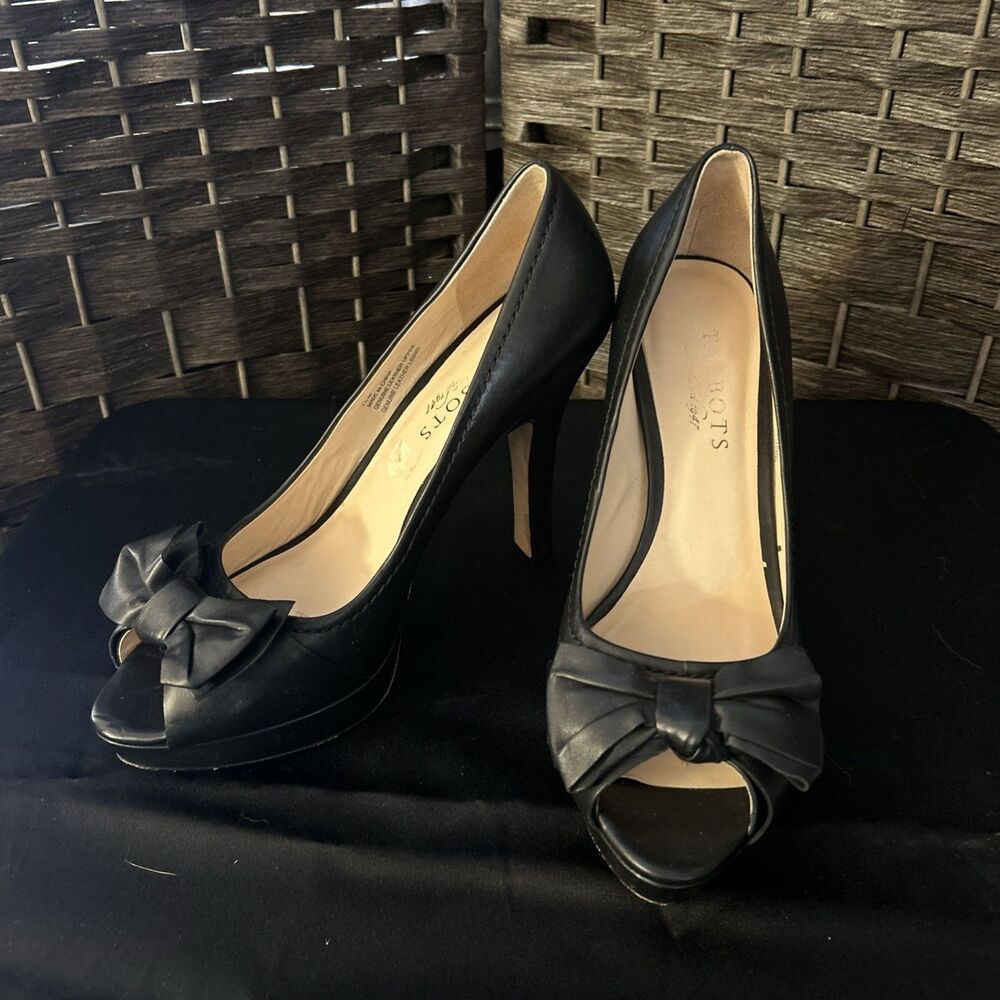 Talbots Women's Heels Pumps Shoes Leather Platform 7.5M Black Bow Peep